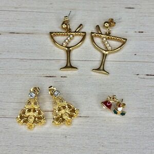 3 Pairs Gold Toned Christmas Holiday Festive Party Jewelry Stud Dangle Earrings